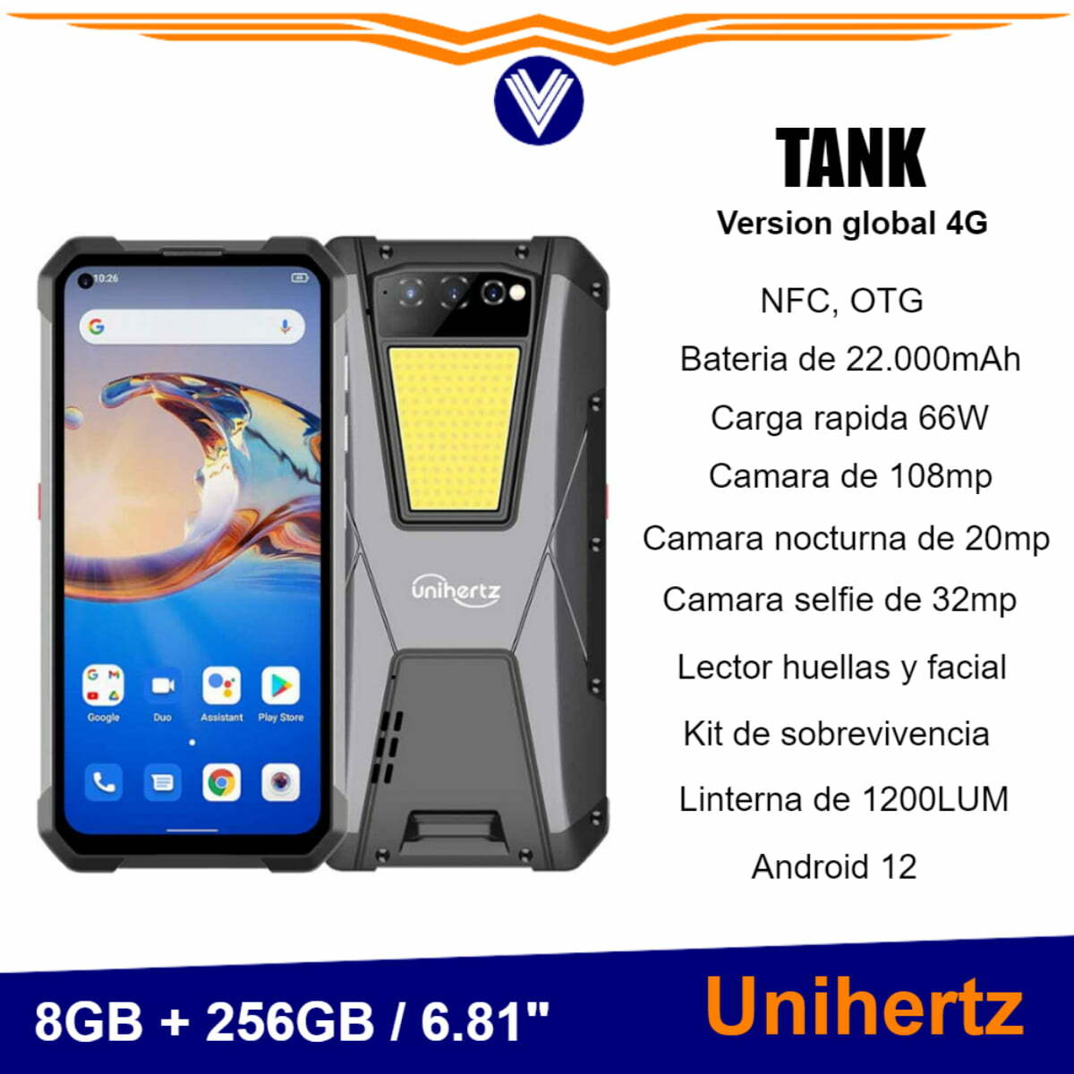 Telefono Unihertz Tank, bateria de 22000mAh, 6,81 pulgadas, FHD, visión nocturna, 108MP