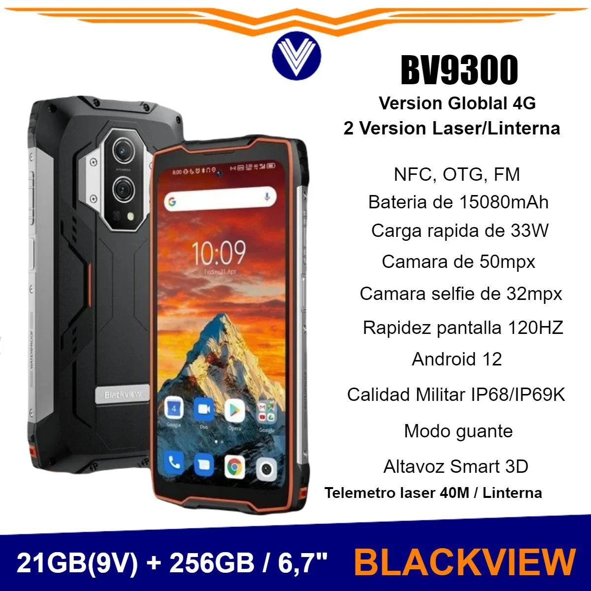 Telefono Blackview BV9300 G99, 21GB + 256GB, 6,7 Pulgadas, 120Hz, 15080mAh,  Con Láser - 1RUGGED