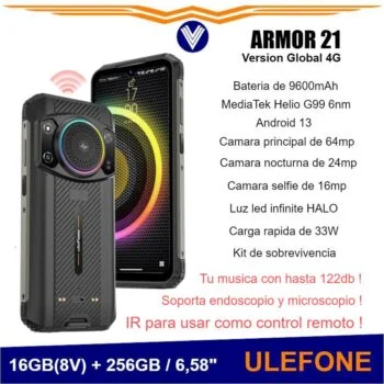 ULEFONE SMARTPHONE ARMOR 21 BLACK 4G/ 6.58 HD/ HELIO G99/256GB ROM/8GB  RAM/16MP/9600MAH/