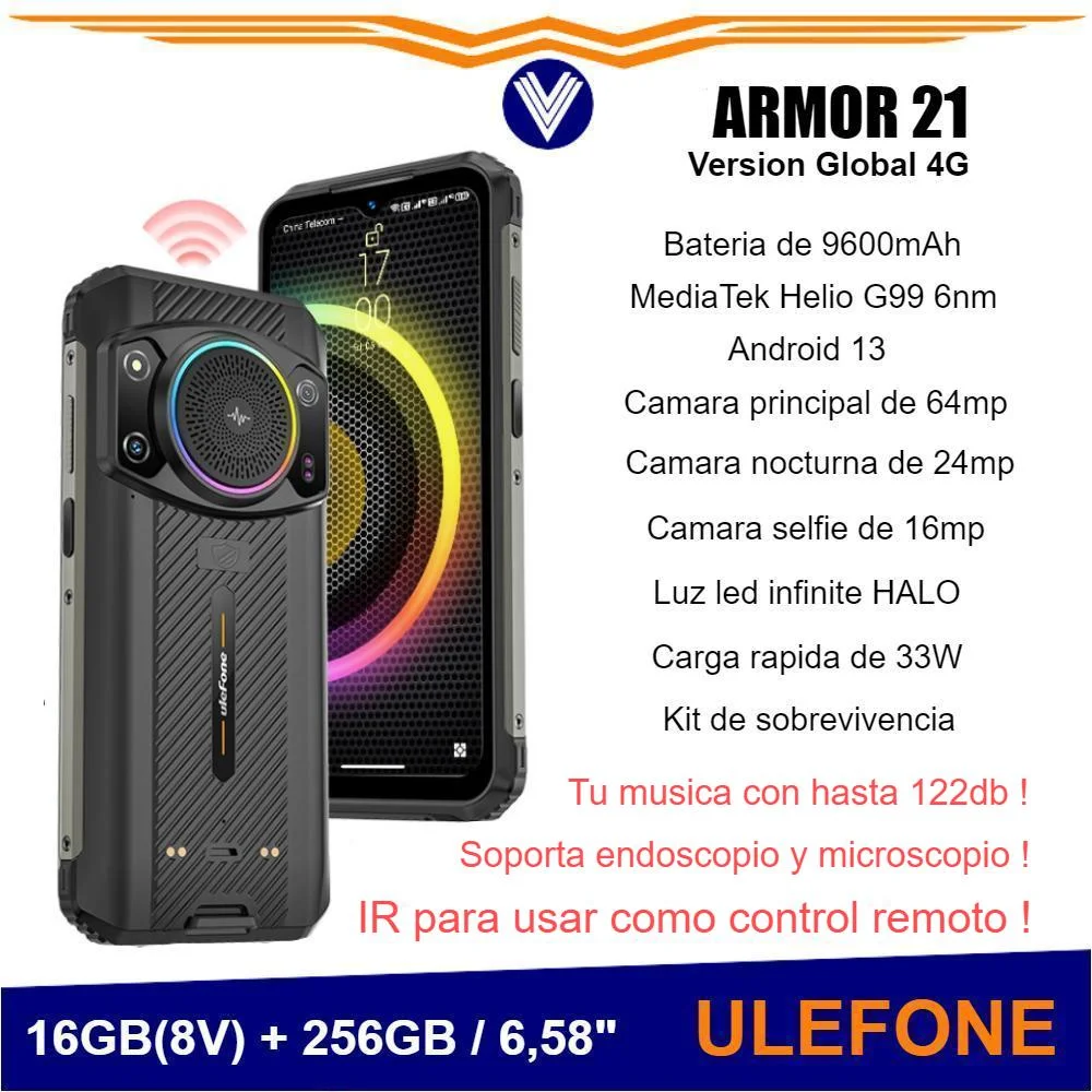Telefono Ulefone Armor 21,16GB + 256GB , Android 13, Helio G99,64MP, Visión  Nocturna De 24MP - 1RUGGED