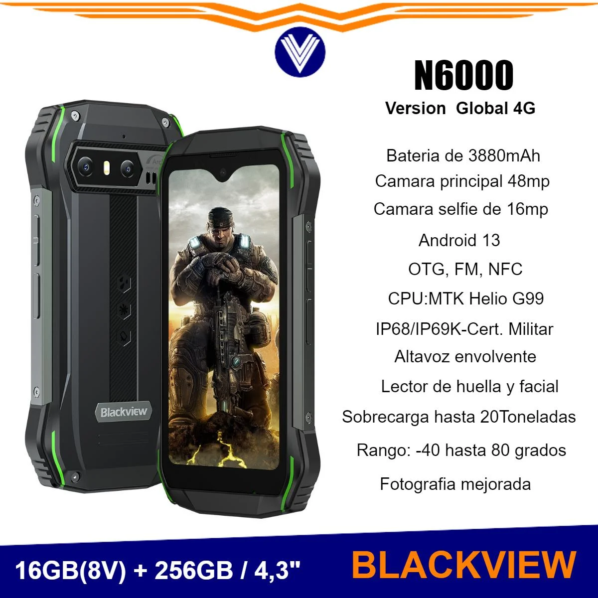 Telefono Blackview N6000, 4,3, Android 13, Helio G99, 16GB, 256GB, Cámaras  De 48MP, NFC - 1RUGGED