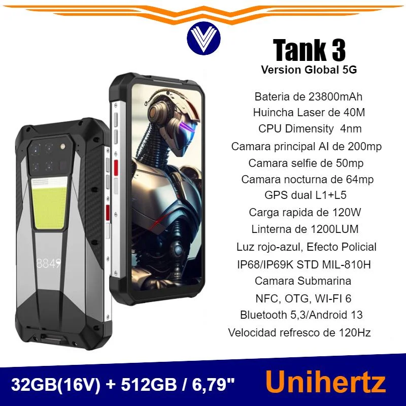 Telefono Unihertz Tank 3 5G , 32GB+512GB, Bateria De 23800mAh, 200MP -  1RUGGED