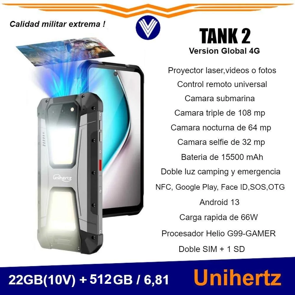 Telefono Unihertz Tank 2, Dispositivo Con Proyector, 22GB, 512GB, Luz De  Camping, 108MP, G99, 64MP Visión Nocturna - 1RUGGED